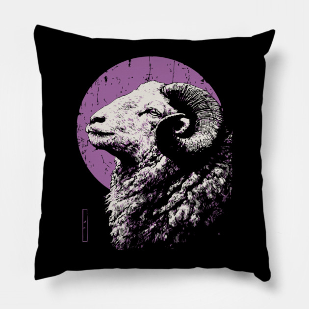 Majestic Ram Japanese Art | Purple Moon Ukiyo-e Style Pillow by TuncGK