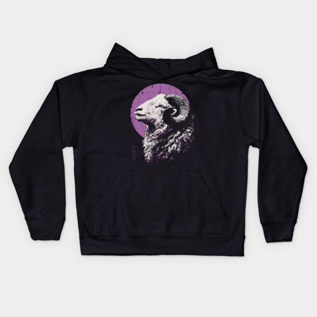 Majestic Ram Japanese Art | Purple Moon Ukiyo-e Style Kids Hoodie by TuncGK