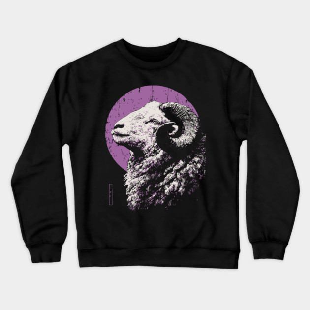 Majestic Ram Japanese Art | Purple Moon Ukiyo-e Style Crewneck Sweatshirt by TuncGK