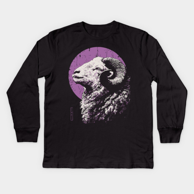 Majestic Ram Japanese Art | Purple Moon Ukiyo-e Style Kids Long Sleeve T-Shirt by TuncGK