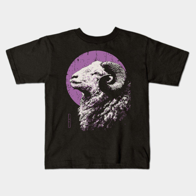 Majestic Ram Japanese Art | Purple Moon Ukiyo-e Style Kids T-Shirt by TuncGK