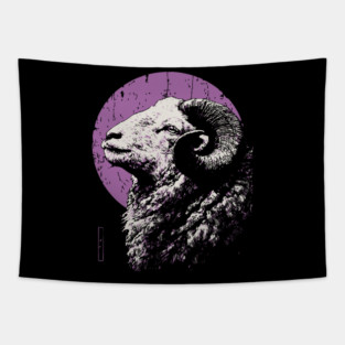 Majestic Ram Japanese Art | Purple Moon Ukiyo-e Style Tapestry