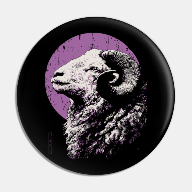 Majestic Ram Japanese Art | Purple Moon Ukiyo-e Style Pin by TuncGK