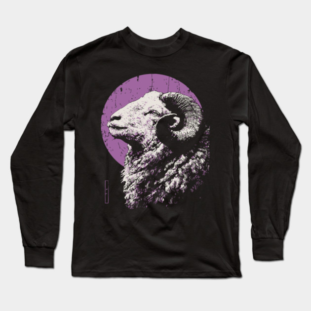 Majestic Ram Japanese Art | Purple Moon Ukiyo-e Style Long Sleeve T-Shirt by TuncGK