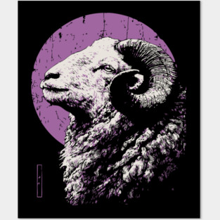 Majestic Ram Japanese Art | Purple Moon Ukiyo-e Style Posters and Art