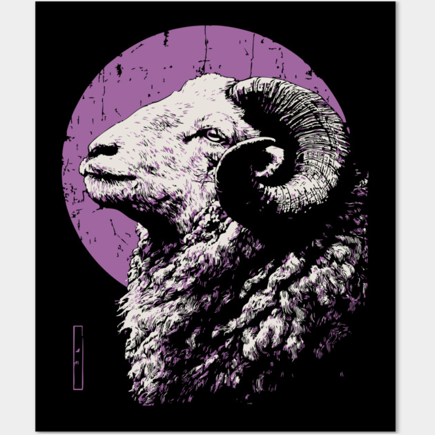 Majestic Ram Japanese Art | Purple Moon Ukiyo-e Style Wall Art by TuncGK