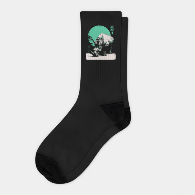 Strong Rhino Japanese Art | Green Moon Safari Ukiyo-e Style Socks by TuncGK