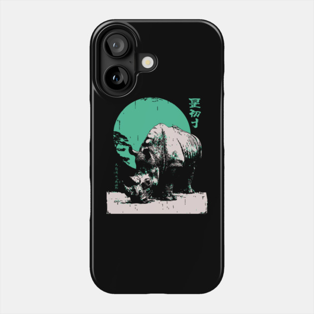 Strong Rhino Japanese Art | Green Moon Safari Ukiyo-e Style Phone Case by TuncGK