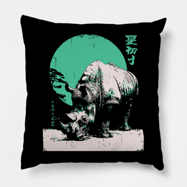 Strong Rhino Japanese Art | Green Moon Safari Ukiyo-e Style Pillow by TuncGK