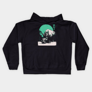 Strong Rhino Japanese Art | Green Moon Safari Ukiyo-e Style Kids Hoodie