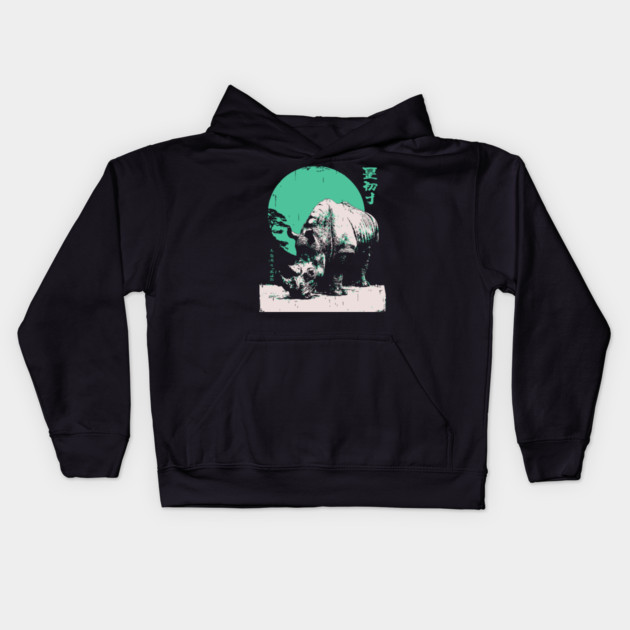 Strong Rhino Japanese Art | Green Moon Safari Ukiyo-e Style Kids Hoodie by TuncGK