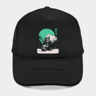 Strong Rhino Japanese Art | Green Moon Safari Ukiyo-e Style Hat