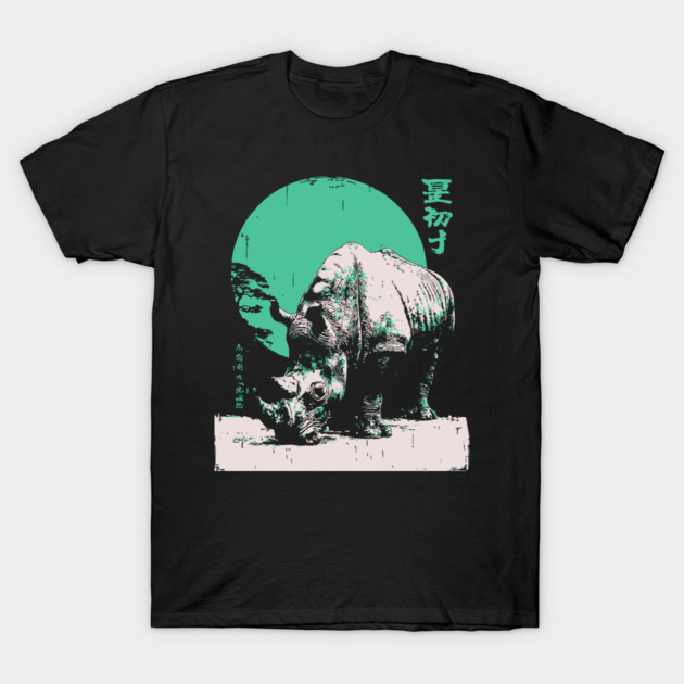 Strong Rhino Japanese Art | Green Moon Safari Ukiyo-e Style T-Shirt by TuncGK