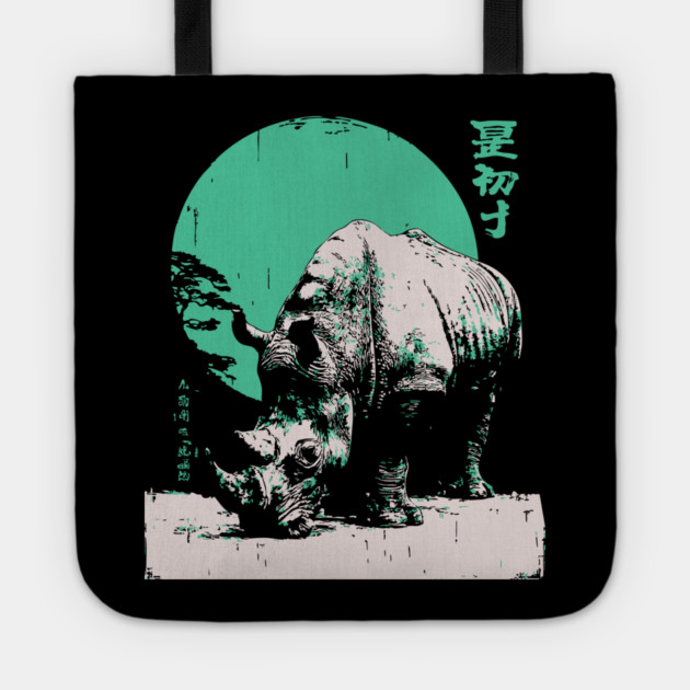 Strong Rhino Japanese Art | Green Moon Safari Ukiyo-e Style Tote by TuncGK