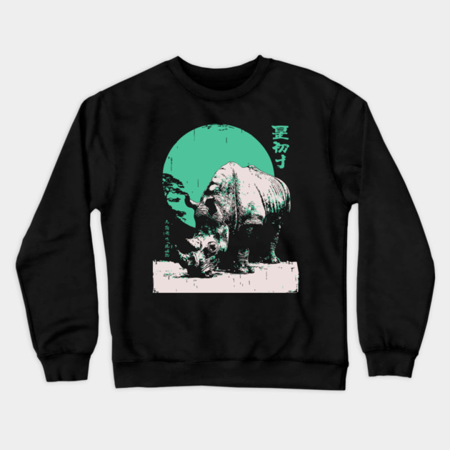 Strong Rhino Japanese Art | Green Moon Safari Ukiyo-e Style Crewneck Sweatshirt by TuncGK
