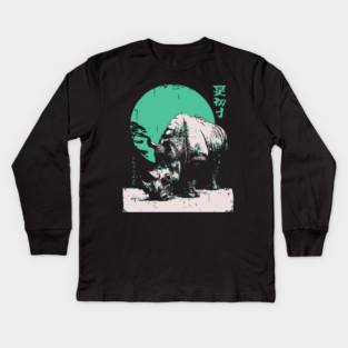 Strong Rhino Japanese Art | Green Moon Safari Ukiyo-e Style Kids Long Sleeve T-Shirt