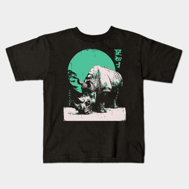 Strong Rhino Japanese Art | Green Moon Safari Ukiyo-e Style Kids T-Shirt by TuncGK