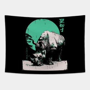 Strong Rhino Japanese Art | Green Moon Safari Ukiyo-e Style Tapestry