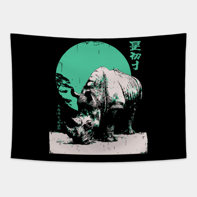 Strong Rhino Japanese Art | Green Moon Safari Ukiyo-e Style Tapestry by TuncGK
