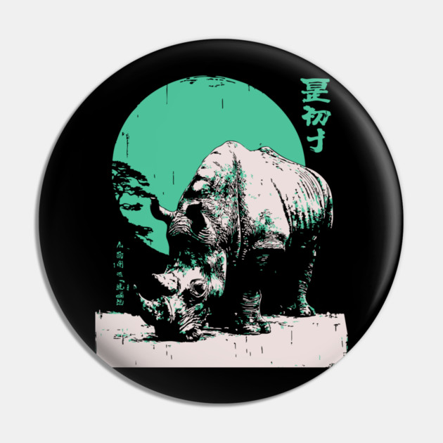 Strong Rhino Japanese Art | Green Moon Safari Ukiyo-e Style Pin by TuncGK
