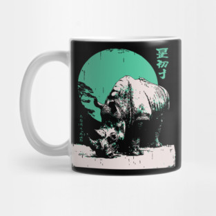 Strong Rhino Japanese Art | Green Moon Safari Ukiyo-e Style Mug
