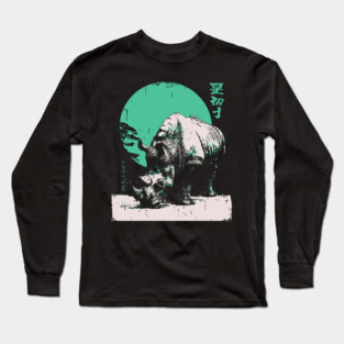 Strong Rhino Japanese Art | Green Moon Safari Ukiyo-e Style Long Sleeve T-Shirt