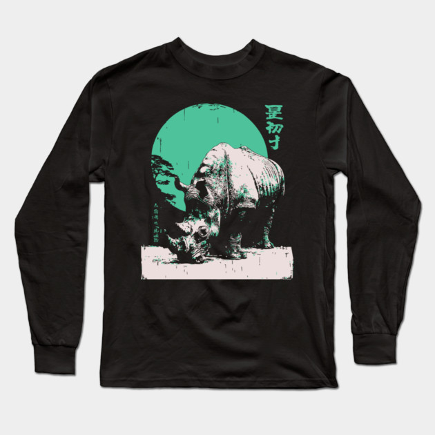 Strong Rhino Japanese Art | Green Moon Safari Ukiyo-e Style Long Sleeve T-Shirt by TuncGK