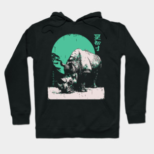 Strong Rhino Japanese Art | Green Moon Safari Ukiyo-e Style Hoodie