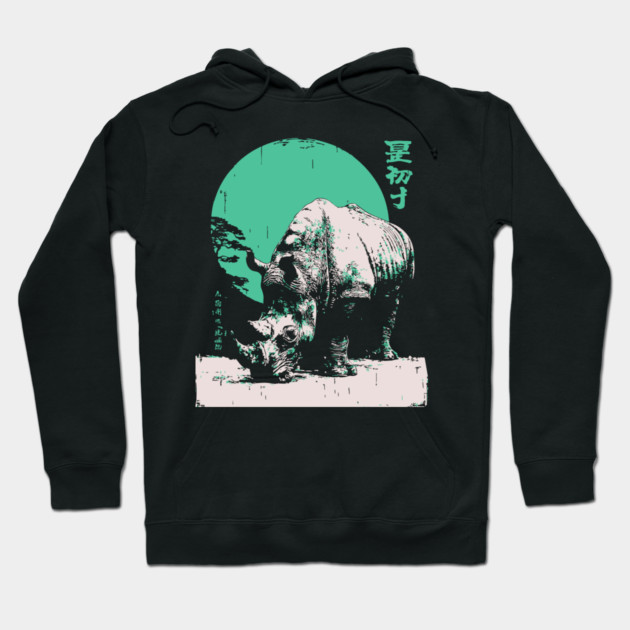 Strong Rhino Japanese Art | Green Moon Safari Ukiyo-e Style Hoodie by TuncGK