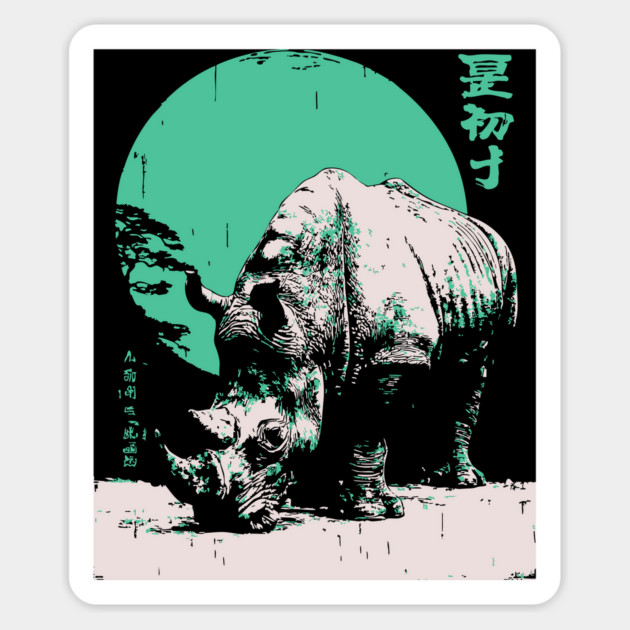 Strong Rhino Japanese Art | Green Moon Safari Ukiyo-e Style Magnet by TuncGK