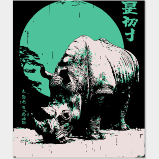 Strong Rhino Japanese Art | Green Moon Safari Ukiyo-e Style Posters and Art