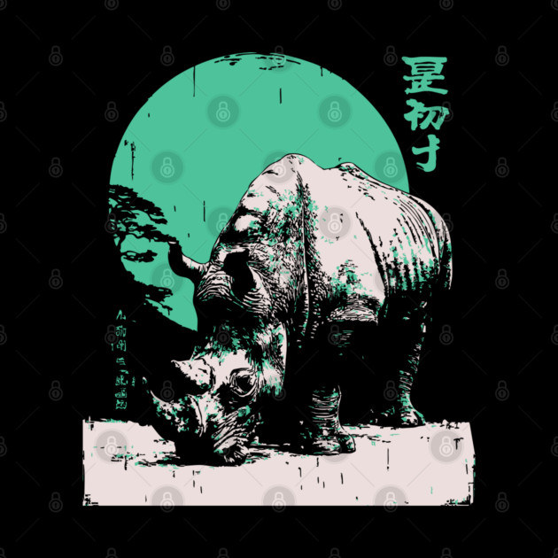 Strong Rhino Japanese Art | Green Moon Safari Ukiyo-e Style by TuncGK