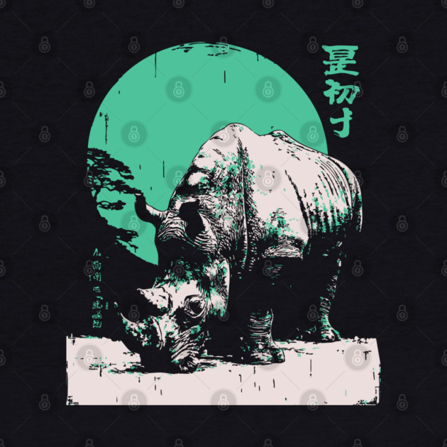 Strong Rhino Japanese Art | Green Moon Safari Ukiyo-e Style by TuncGK