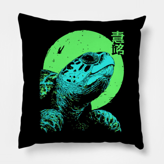Ancient Turtle Japanese Art | Green Moon Ukiyo-e Style Pillow by TuncGK
