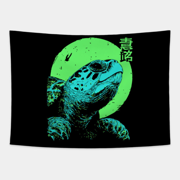 Ancient Turtle Japanese Art | Green Moon Ukiyo-e Style Tapestry by TuncGK