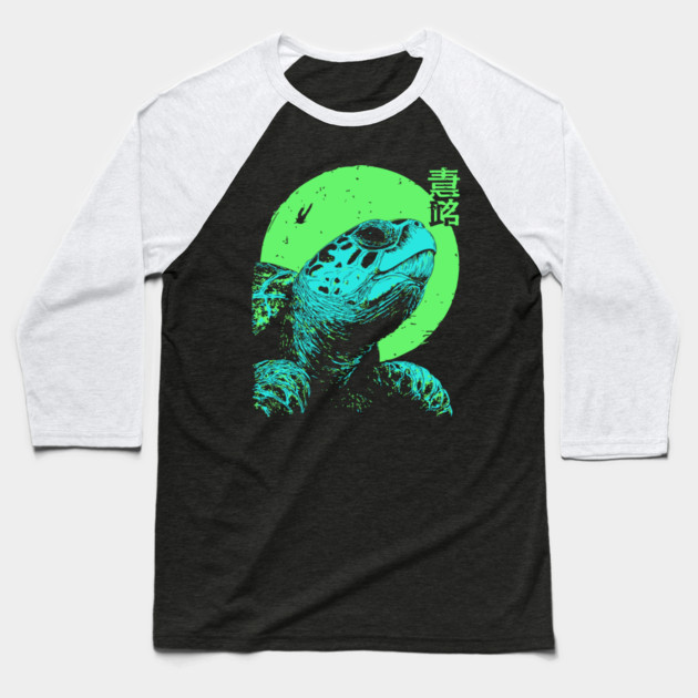 Ancient Turtle Japanese Art | Green Moon Ukiyo-e Style Baseball T-Shirt by TuncGK