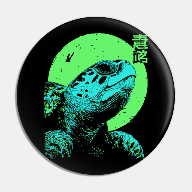 Ancient Turtle Japanese Art | Green Moon Ukiyo-e Style Pin by TuncGK