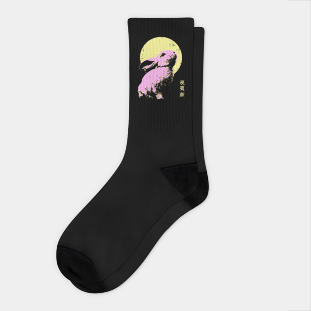 Playful Rabbit Japanese Art | Yellow & Pink Ukiyo-e Style Socks by TuncGK
