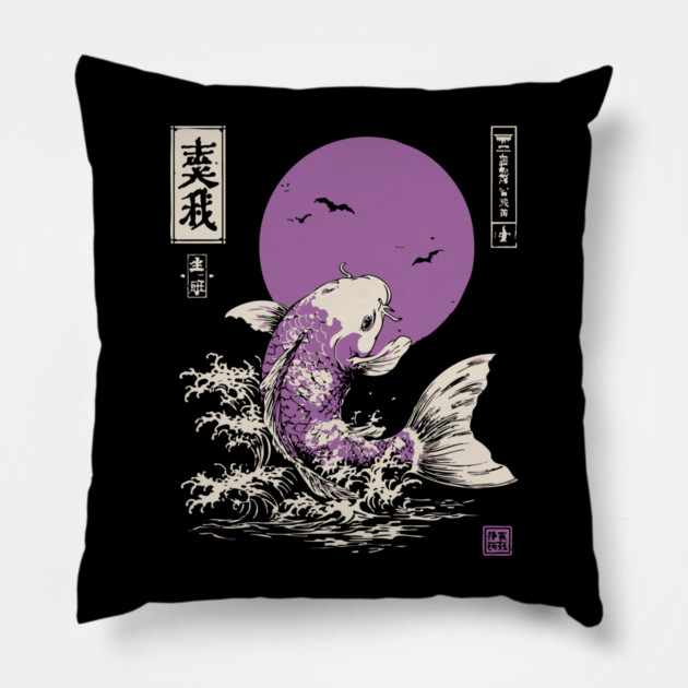 Vibrant Salmon Japanese Art | Blue Ocean Waves Ukiyo-e Style Pillow by TuncGK