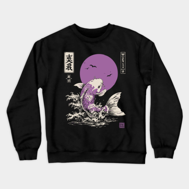 Vibrant Salmon Japanese Art | Blue Ocean Waves Ukiyo-e Style Crewneck Sweatshirt by TuncGK