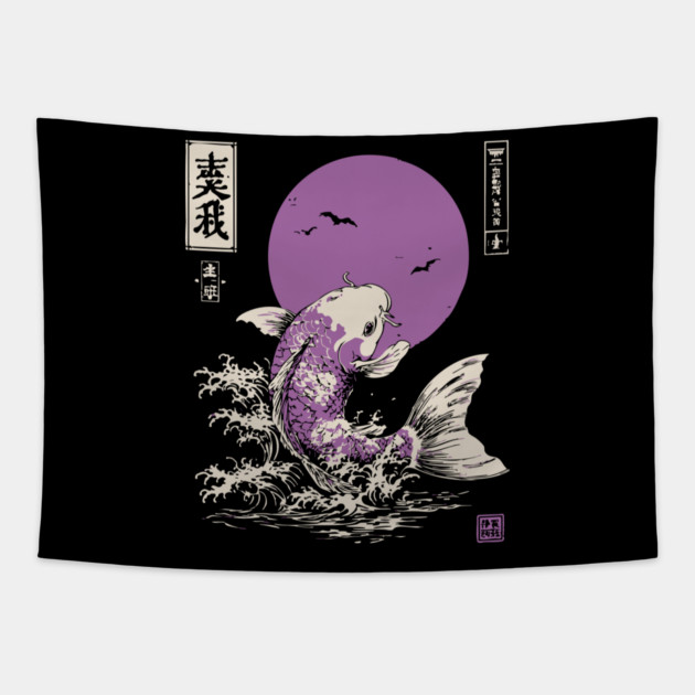 Vibrant Salmon Japanese Art | Blue Ocean Waves Ukiyo-e Style Tapestry by TuncGK