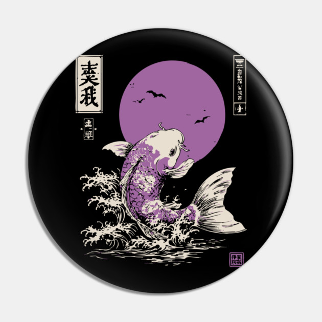 Vibrant Salmon Japanese Art | Blue Ocean Waves Ukiyo-e Style Pin by TuncGK