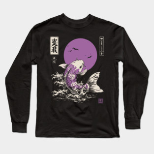 Vibrant Salmon Japanese Art | Blue Ocean Waves Ukiyo-e Style Long Sleeve T-Shirt