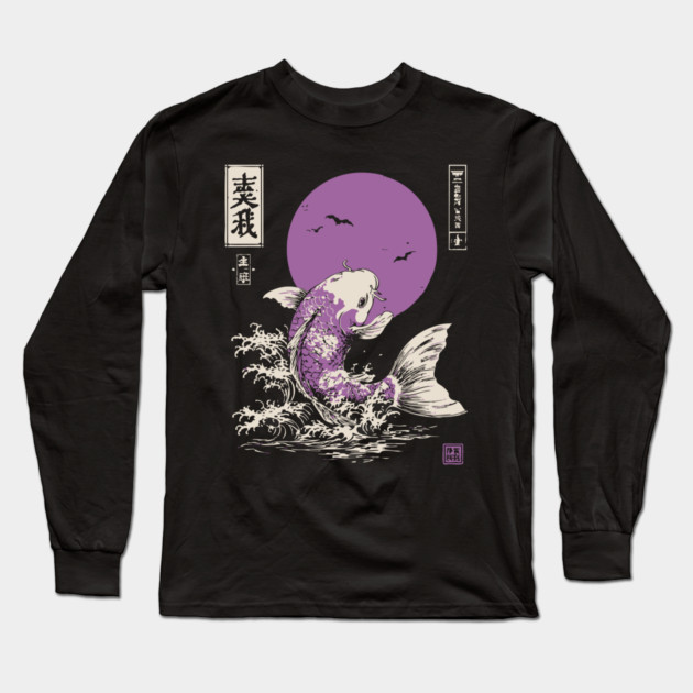 Vibrant Salmon Japanese Art | Blue Ocean Waves Ukiyo-e Style Long Sleeve T-Shirt by TuncGK
