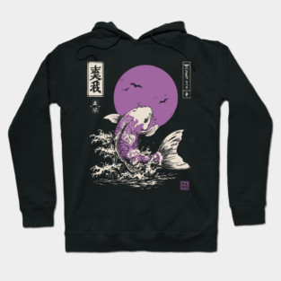 Vibrant Salmon Japanese Art | Blue Ocean Waves Ukiyo-e Style Hoodie