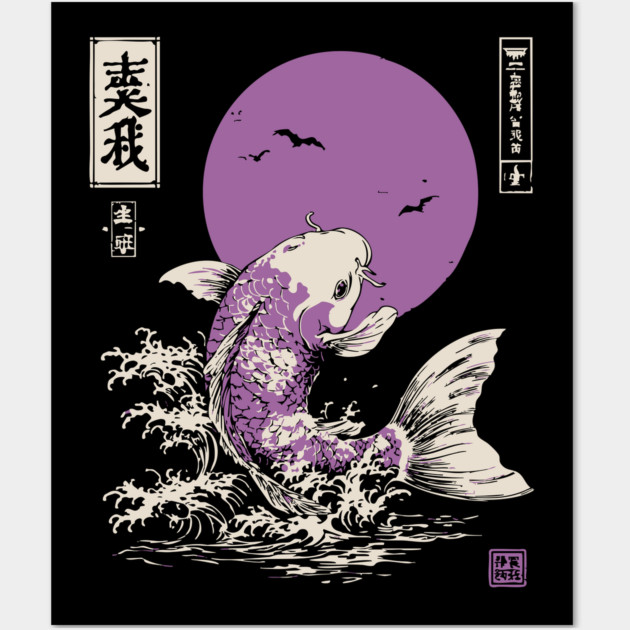 Vibrant Salmon Japanese Art | Blue Ocean Waves Ukiyo-e Style Wall Art by TuncGK