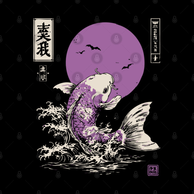 Vibrant Salmon Japanese Art | Blue Ocean Waves Ukiyo-e Style by TuncGK