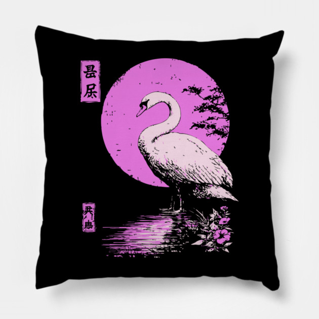 Graceful Swan Japanese Art | Pink Lake Ukiyo-e Style Pillow by TuncGK