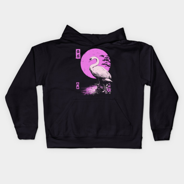 Graceful Swan Japanese Art | Pink Lake Ukiyo-e Style Kids Hoodie by TuncGK