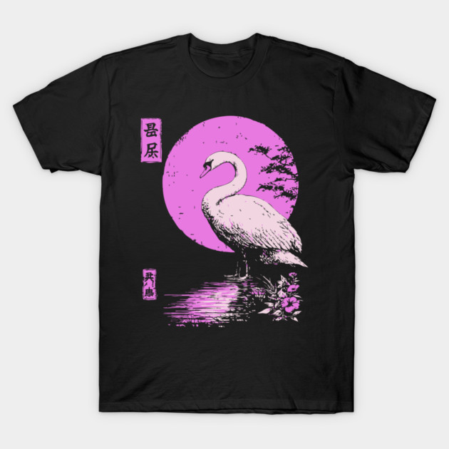 Graceful Swan Japanese Art | Pink Lake Ukiyo-e Style T-Shirt by TuncGK